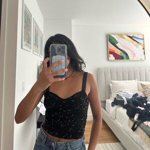 Black embroidered corset crop top